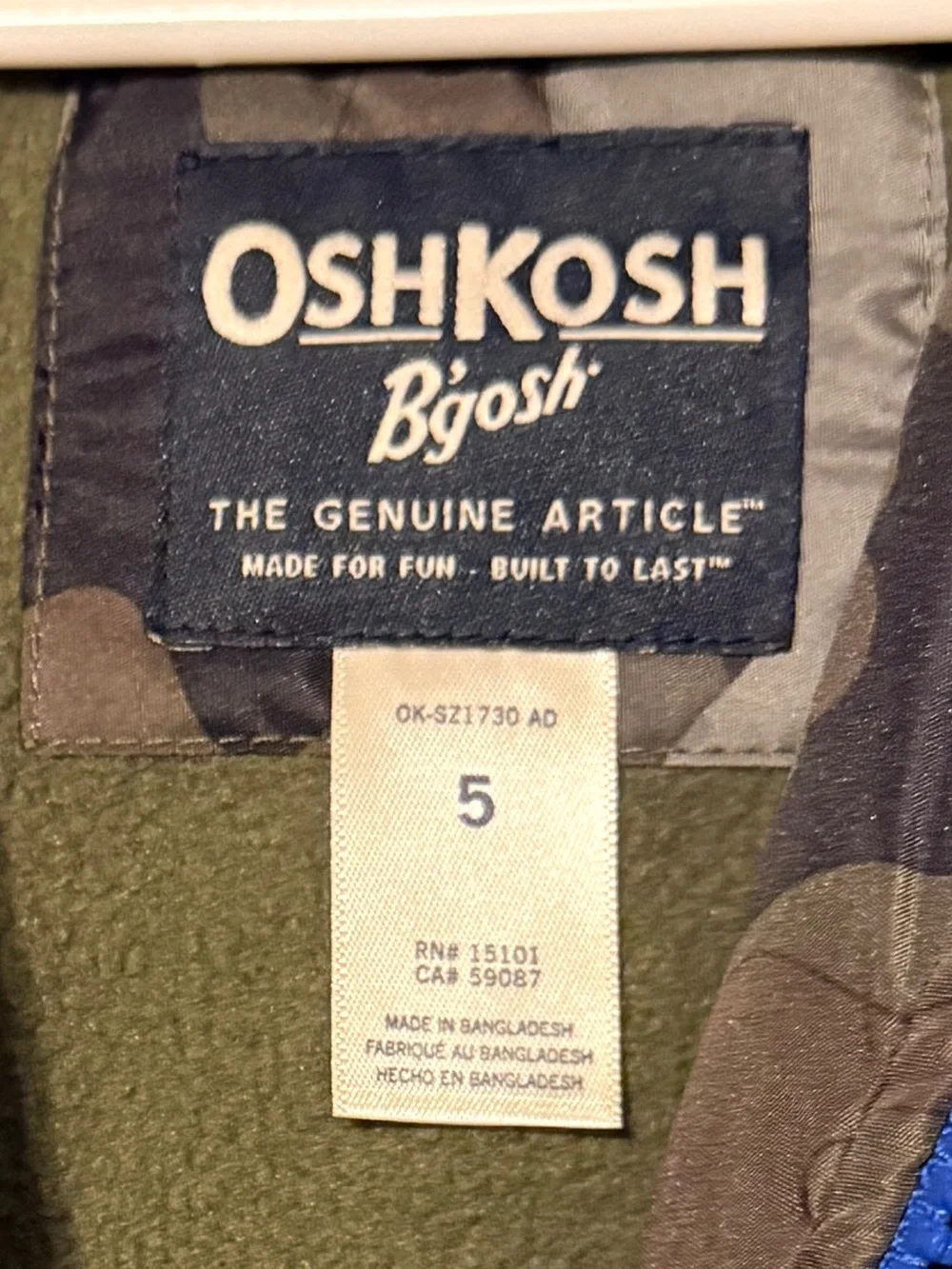 NWOT OshKosh B'gosh Boy's Camo Fleece-Lined Hooded Jacket - Size 5